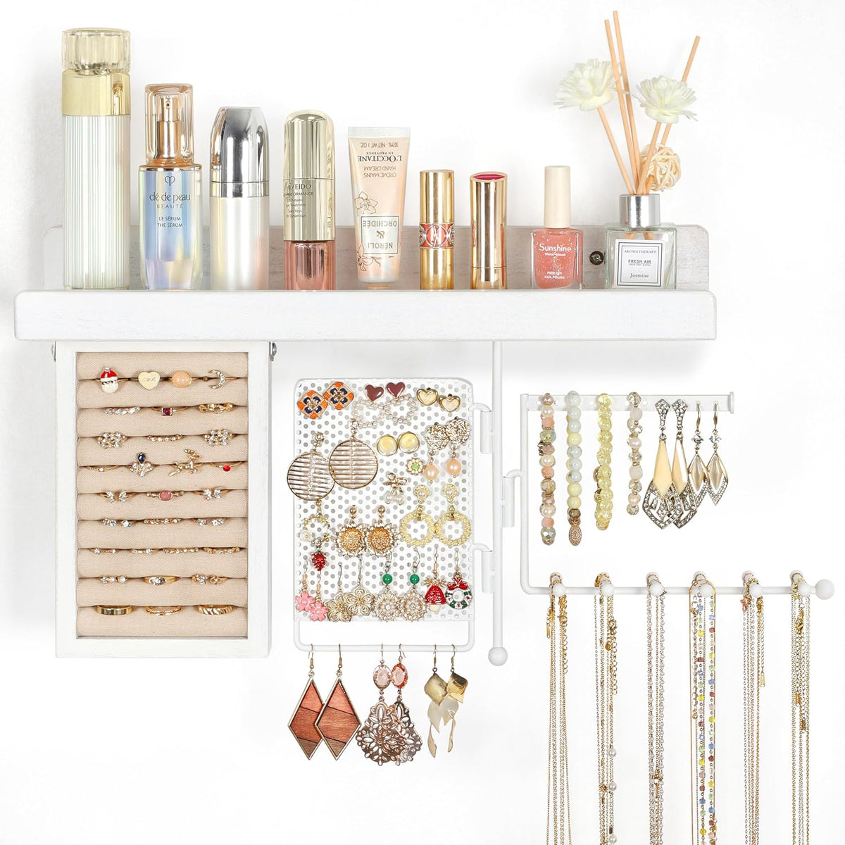 SOLIMINTR Hanging Jewelry Organizer Wall Mount with Rustic Wood Shelf, Ring Display Box, Ear Studs Earring Holder, Rotating Necklace Holder Organizer White