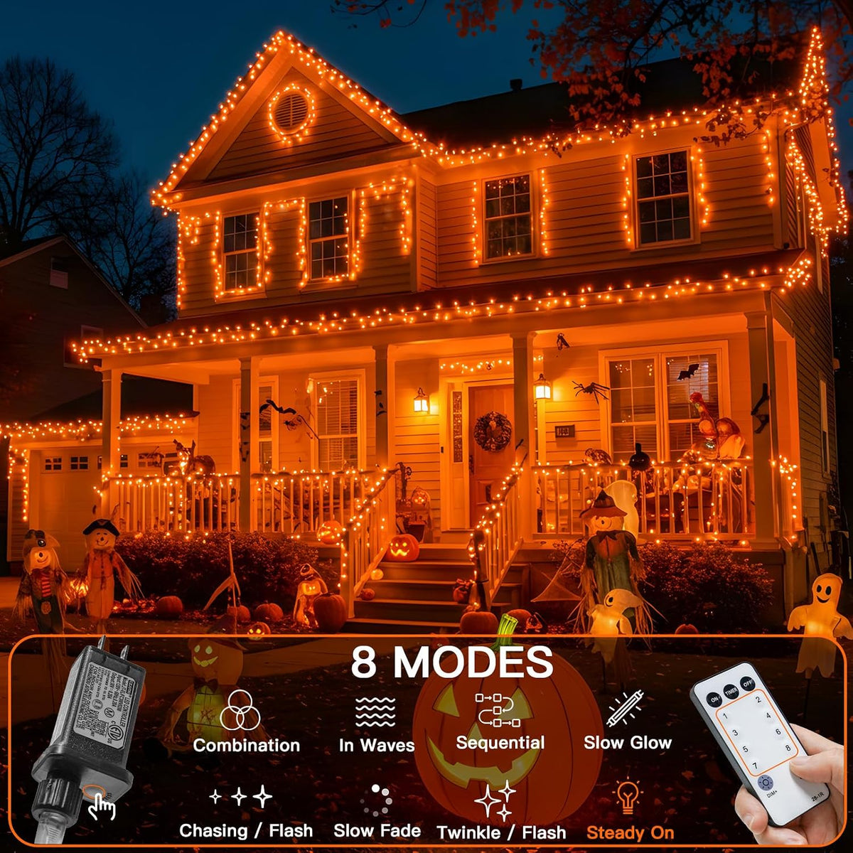 suddus Orange Halloween Lights Outdoor with Remote, 66ft 200 LED Connectable Waterproof String Lights Plug in, Dimmable Clear Wire Fairy Lights for Fall, Thanksgiving, Dorm, Party, Garden, Porch Decor