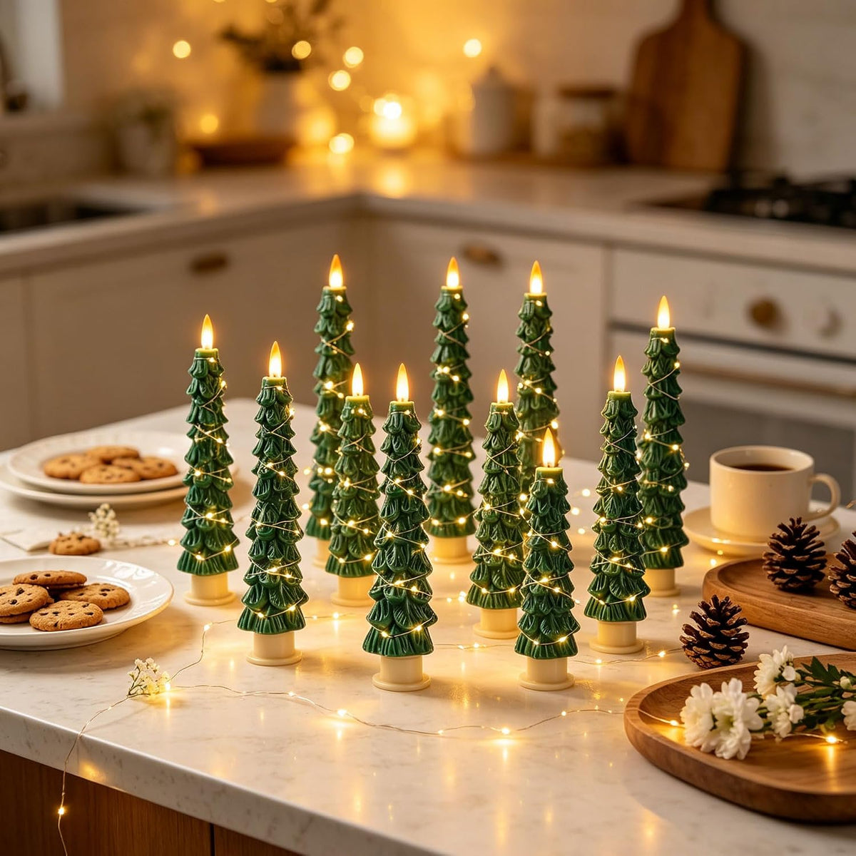 Christmas Tree Candles Surrounded by Fairy Lights, LED flameless Candle Lights with Remote Control Timing Function. Green