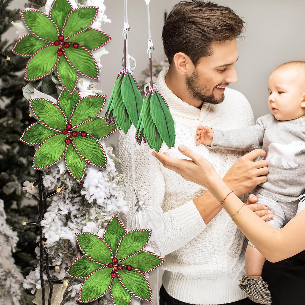 Thiccywoov 6 Pcs Green Peppermint Edge Christmas Poinsettia Stem 10.24 x 3.94 Inch Silk Velvet Artificial Fake Poinsettia Flowers Blooms for Christmas Trees and Holiday Decorations