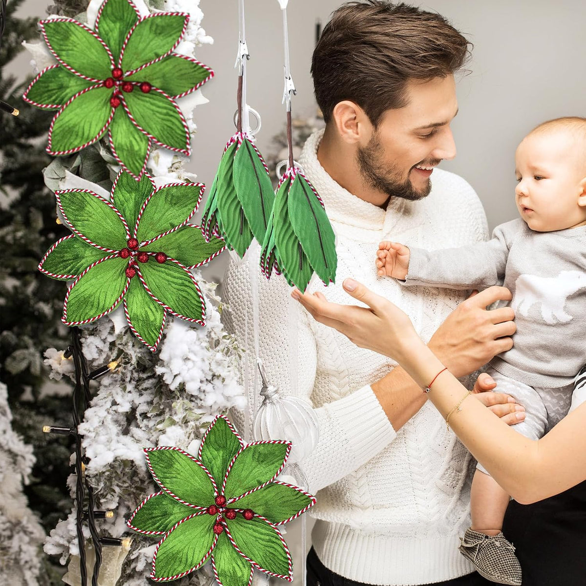 Thiccywoov 6 Pcs Green Peppermint Edge Christmas Poinsettia Stem 10.24 x 3.94 Inch Silk Velvet Artificial Fake Poinsettia Flowers Blooms for Christmas Trees and Holiday Decorations