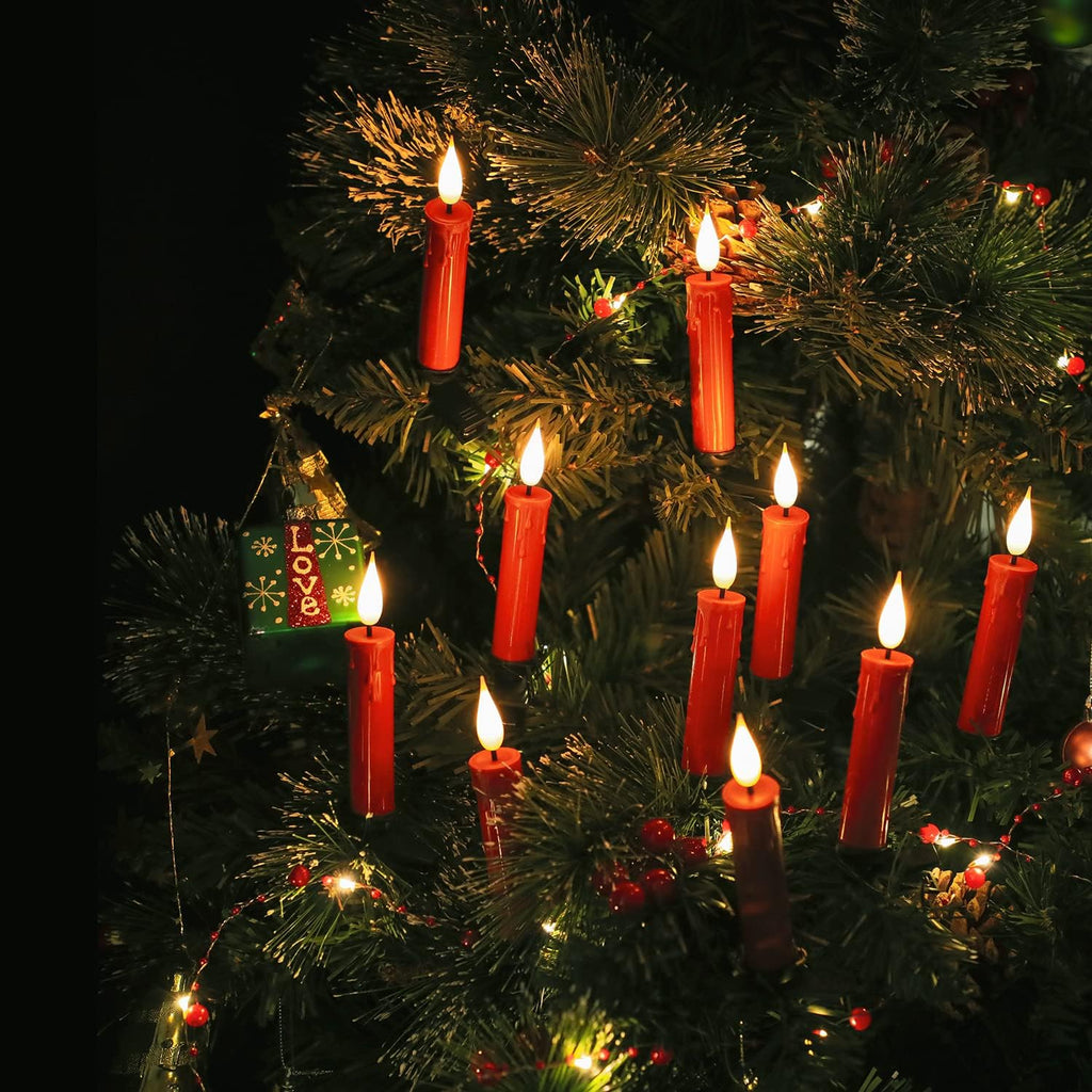 Christmas Tree Clip-on Taper Candles with 3D Flickering Flame Battery Operated Candle with Timer and Remote, Pack of 10, Red