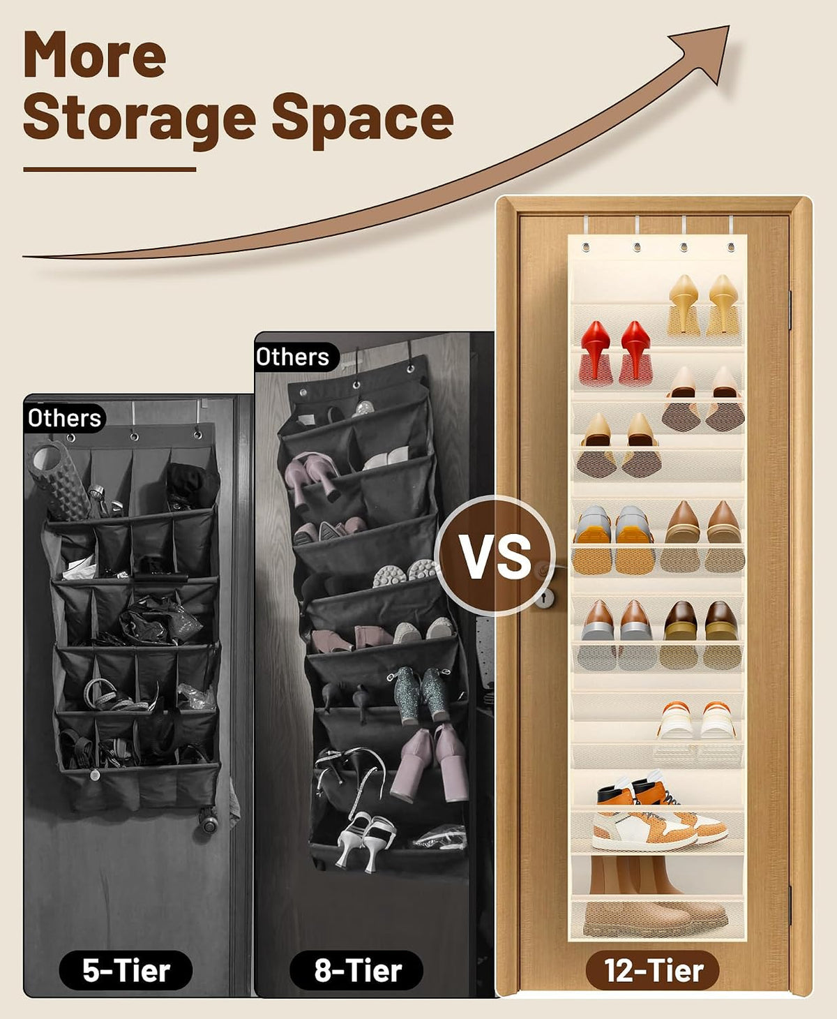 MISSLO 12 Tier Over the Door Shoe Organizer Breathable Mesh Hanging Shoe Rack for Closet Storage Shoe Holder for Door Fit 24 Pairs Sandals, Heels, Boots (Beige)