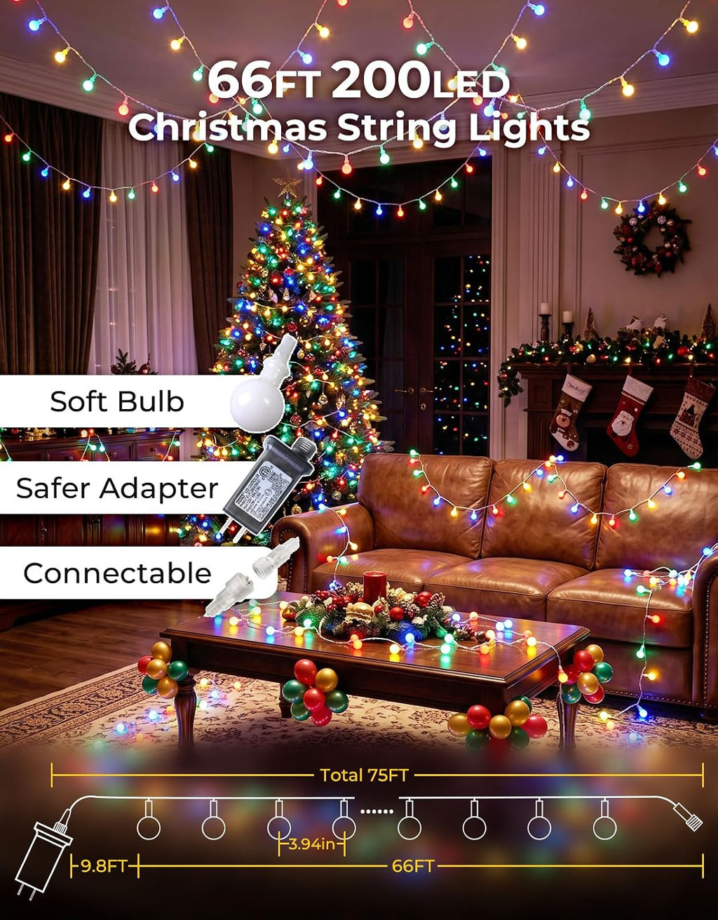 LitHome 66FT Globe String Lights for Indoor Bedroom Connectable, Multicolor