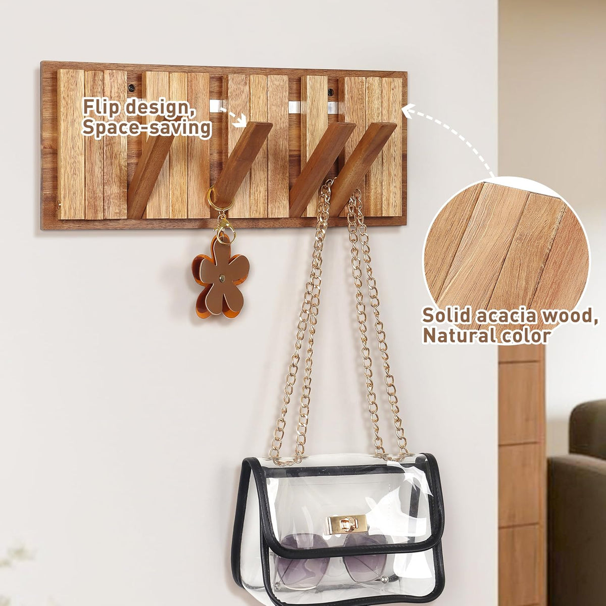 Wall Coat Rack for Entryway: Folding Wood Rustic 8 Hooks