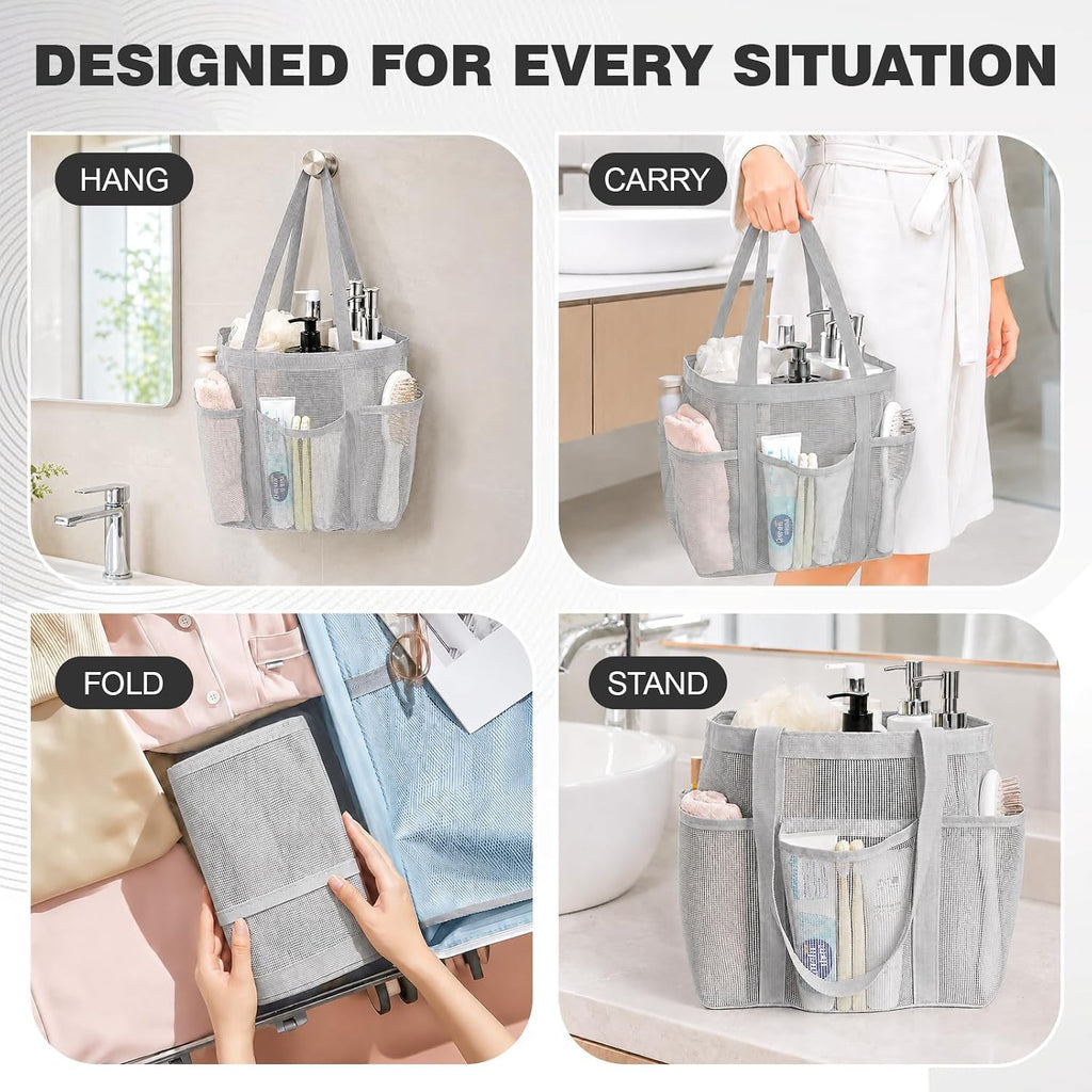 Mesh Shower Caddy Portable with Zipper for College Dorm Essentials Grey