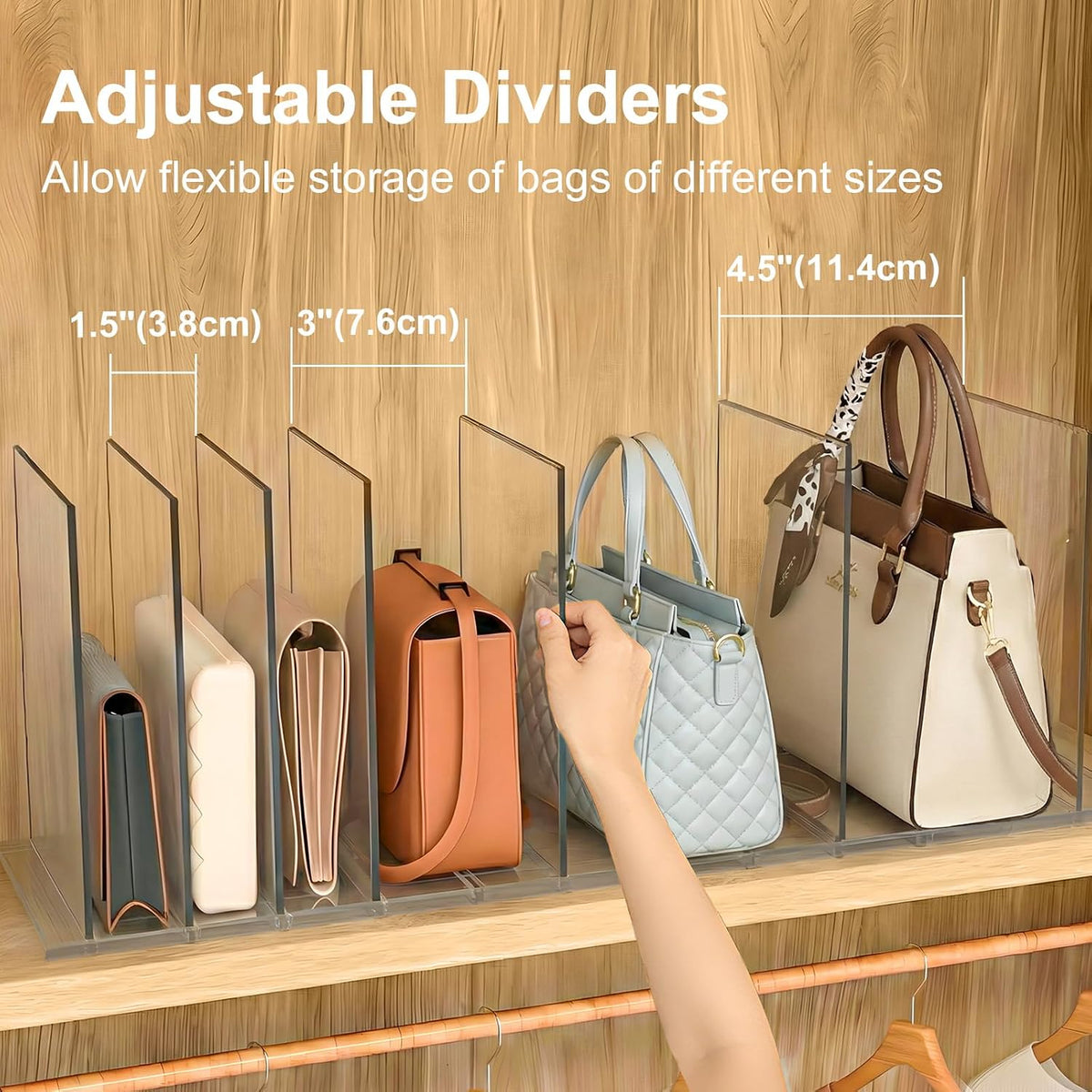 SortNStore Bag & Purse Organizer for Closet: Adjustable Clear Handbag Storage Shelf - Plastic Clutch Dividers for Closet Organizers and Storage - Keep Carteras & Pocketbook Upright (Pack of 3)