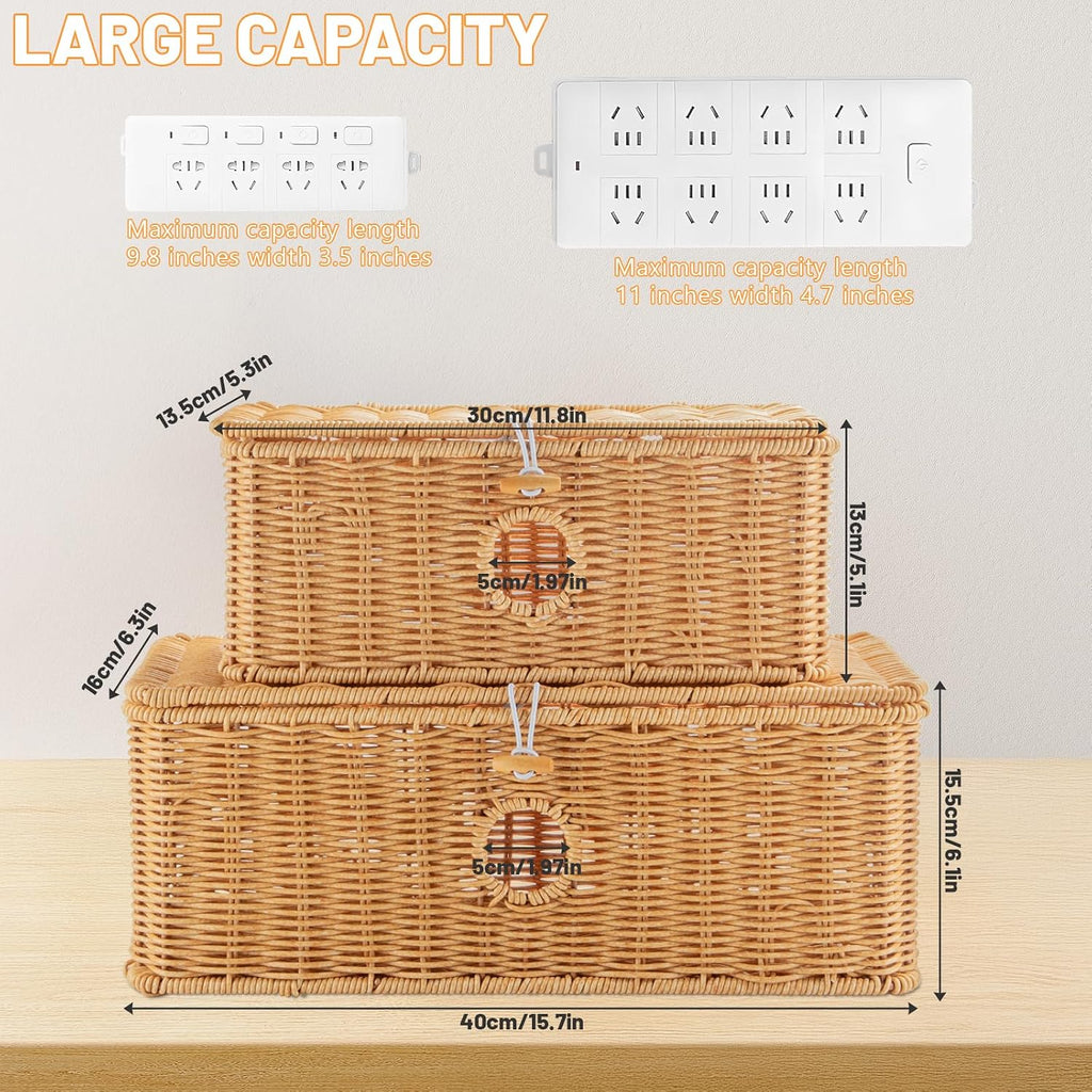 2 Pcs Handmade Cable Management Boxes Rattan Cable Organizer Large & Medium Cord Hider Organizer Boxes Power Strip Boxes Locked Cover with 2 Open Slots for Home and Workplace