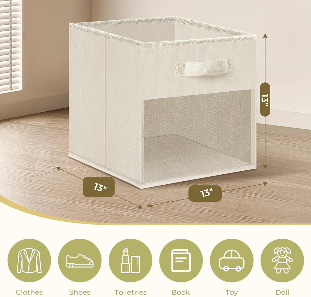 Storage Cubes, 13 Inch Cube Storage Bins With Clear Window, 6 Pack, Foldable Cubes With Handles, Closet Storage Organizer Bins, Cubby Clothing Storage Baskets for Shelves, Beige
