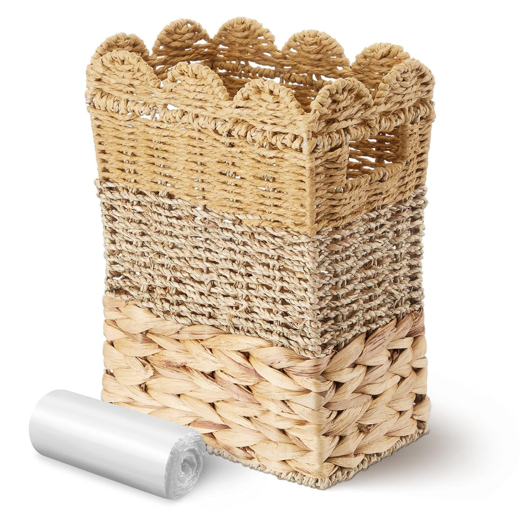 Ctosree 3.5 Gallons Square Scallop Shaped Woven Trash Can Wicker Waste Basket with Handles, Wicker Trash Can with 50 Small Garbage Bags for Home Bathroom, Office Kitchen, 11.8 x 8.7 x 5.5 Inch