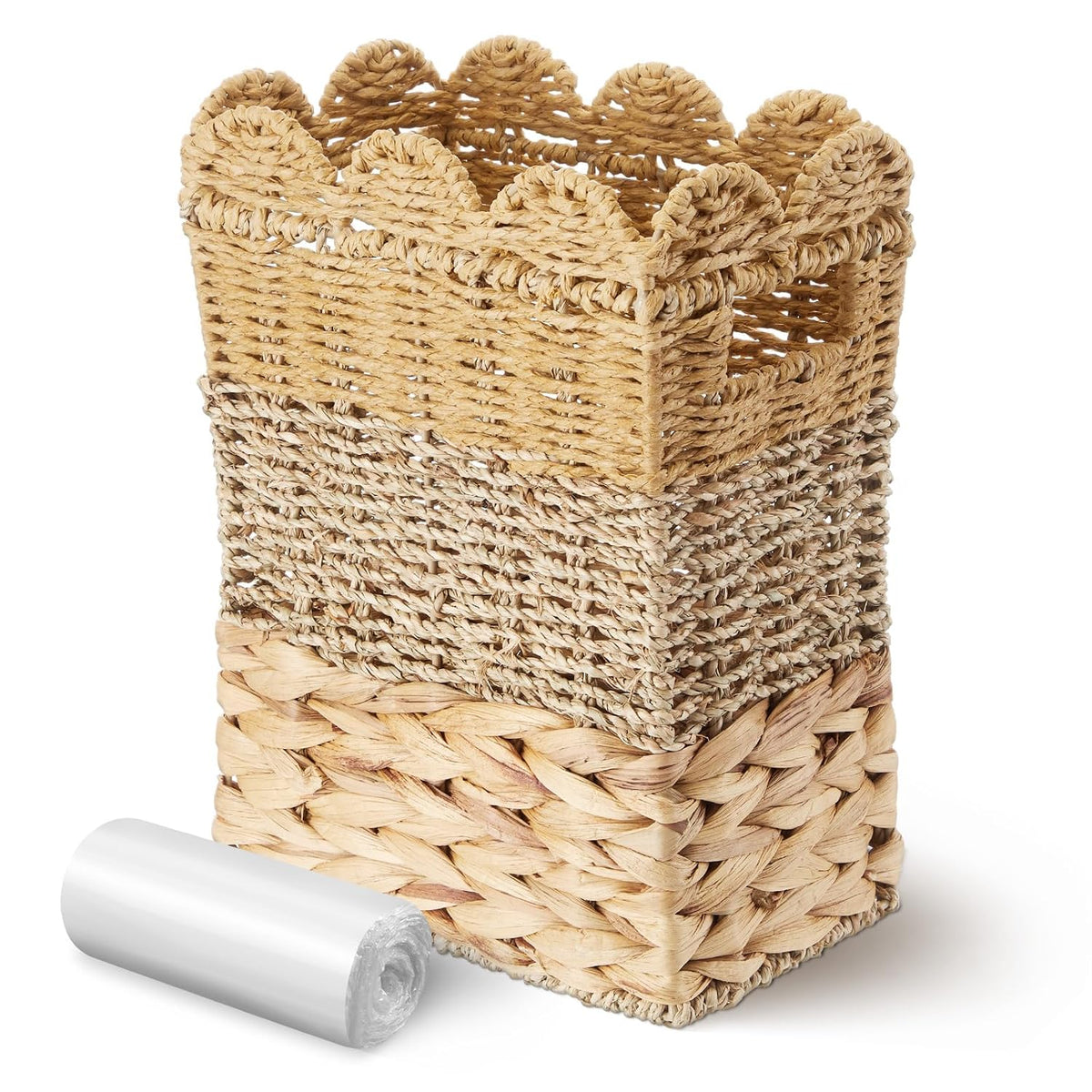 Ctosree 3.5 Gallons Square Scallop Shaped Woven Trash Can Wicker Waste Basket with Handles, Wicker Trash Can with 50 Small Garbage Bags for Home Bathroom, Office Kitchen, 11.8 x 8.7 x 5.5 Inch