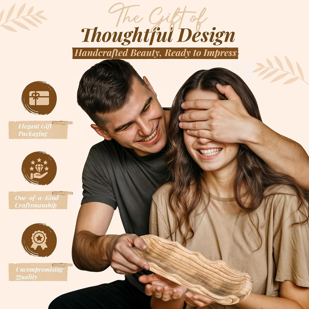 Wavy Edge Wooden Dough Bowl for Decor 16" L Lightweight Paulownia Wood Hand Carved Decorative Wooden Farmhouse Fruit Bowl Handmade, Home Decoration Centerpiece, Table Display Bowl