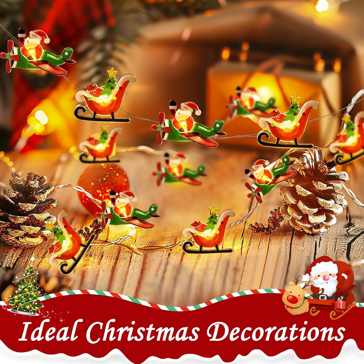 Coquimbo Christmas Lights Indoor Decorations, 10FT 30 LED Santa Claus Sleigh Christmas Tree String Lights Fairy Lights for Home Decor Xmas Tree Indoor Outdoor Holiday Party Decorations