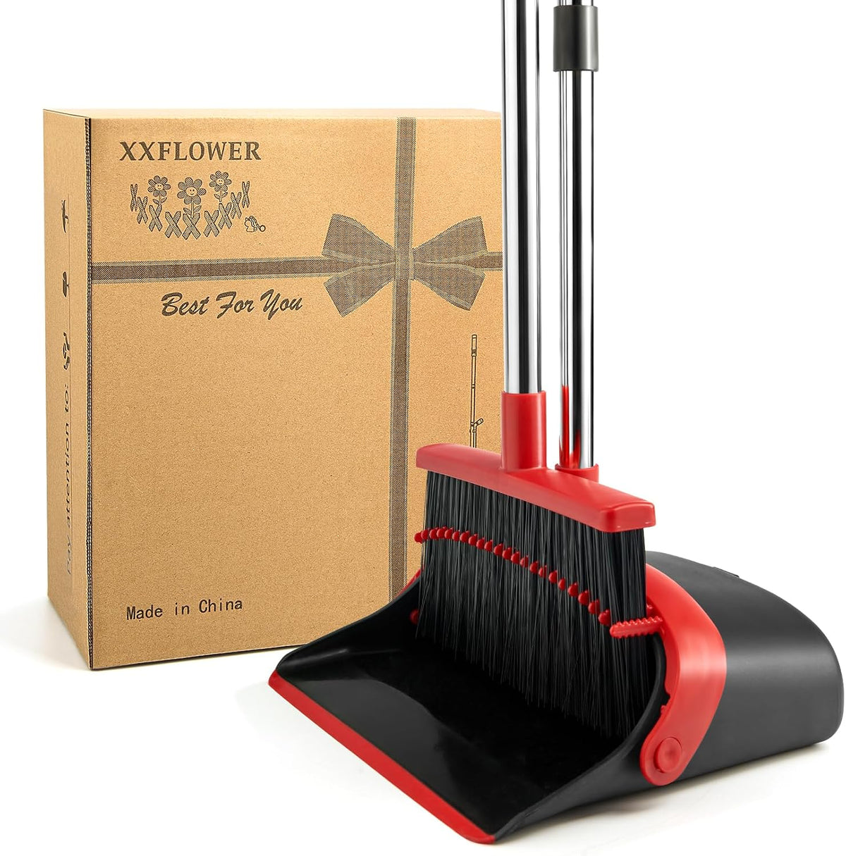 Broom and Dustpan Combo Set,Long Handle,Black Red