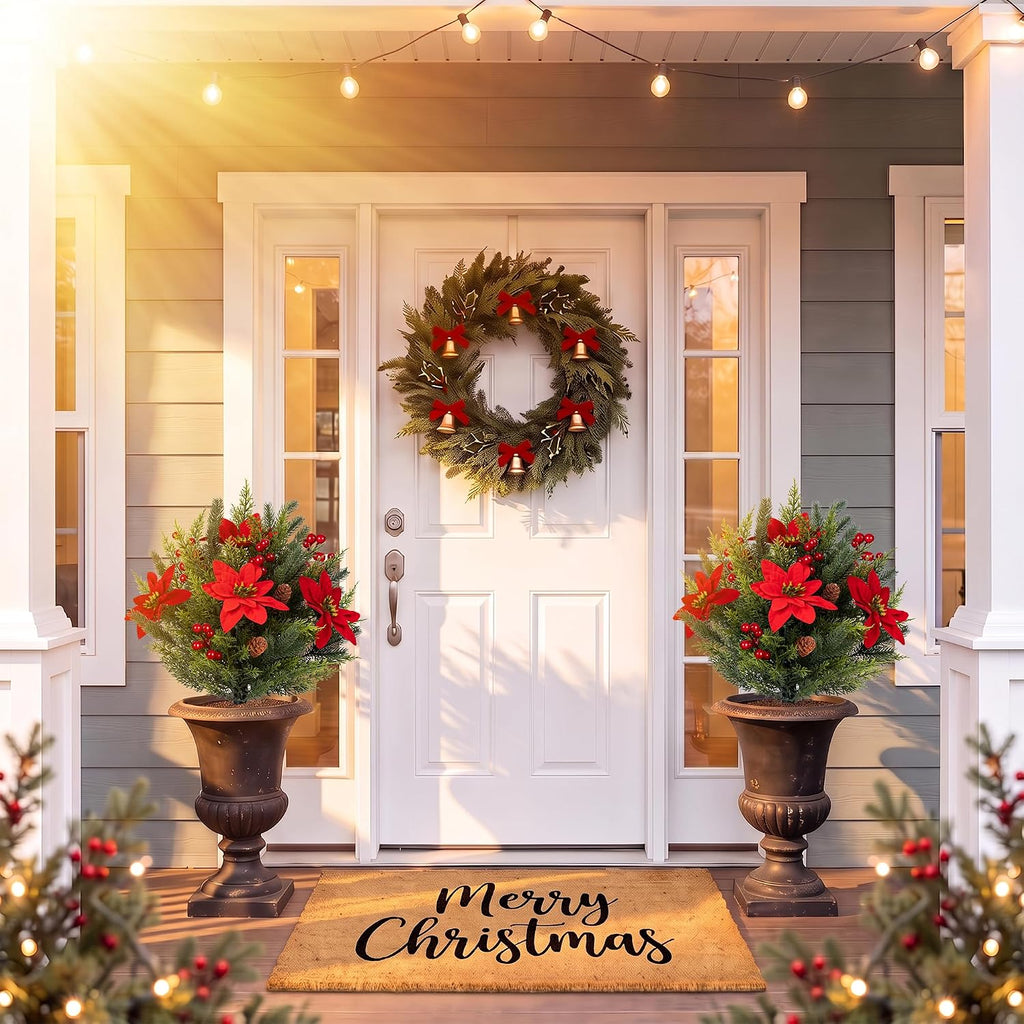 Artificial Christmas Cypress Poinsettia Flower Topiary Shrubs, Faux Greenery Ball Bush for Christmas Decoration,24.8" Fake Tree with Ground Spike,UV Resistant Plants for Front Porch Decor,Set of 2