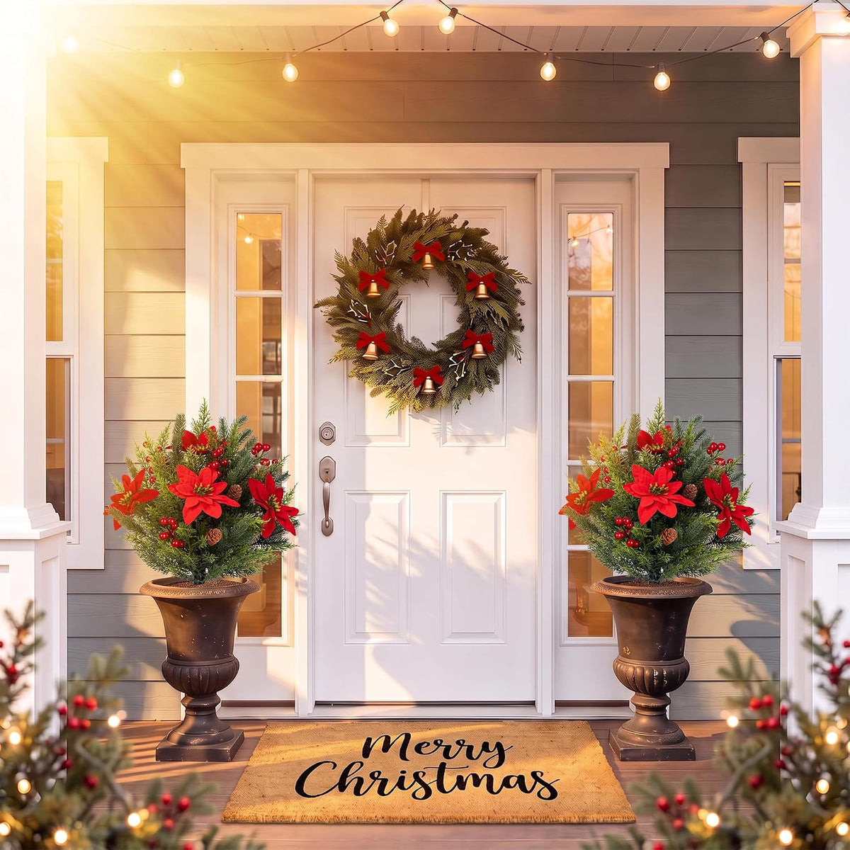 Artificial Christmas Cypress Poinsettia Flower Topiary Shrubs, Faux Greenery Ball Bush for Christmas Decoration,24.8" Fake Tree with Ground Spike,UV Resistant Plants for Front Porch Decor,Set of 2