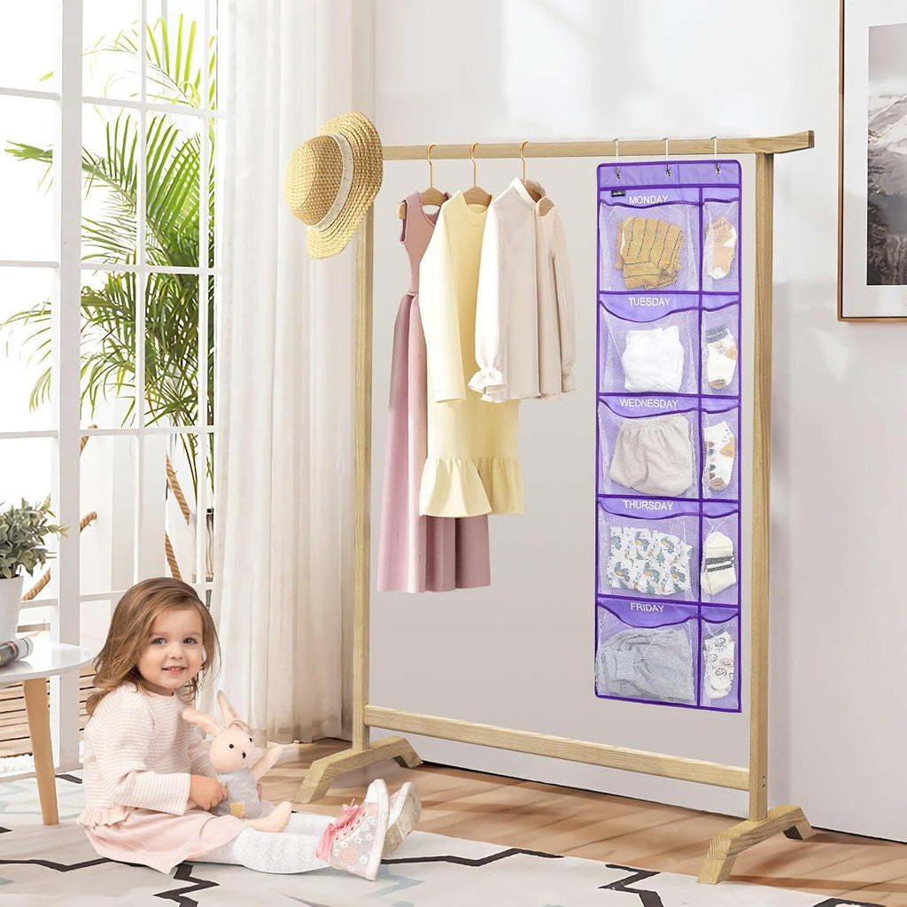 Weekly Clothes Organizer for Kids, Monday to Friday Hanging Closet Organizer, 5-Shelf Large Capacity School Storage with Side Pockets, Purple (Quantity 1)