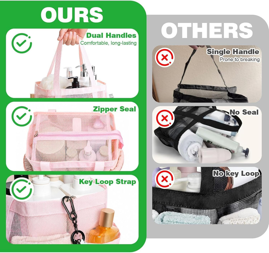Mesh Shower Caddy Portable with Zipper for College Dorm Essentials Pink