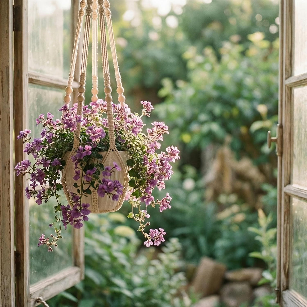 Macrame Plant Hanger 35", No Tassel Hanging Plant Holder, Sturdy Flower Pot Holder with 2 Hooks - Ivory