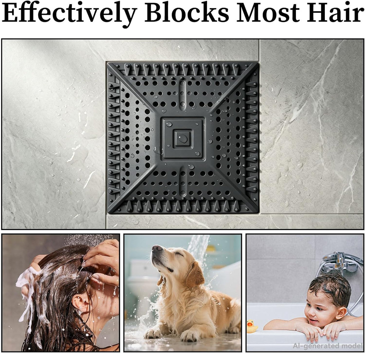 Square Silicone Shower Drain Hair Catcher, Black