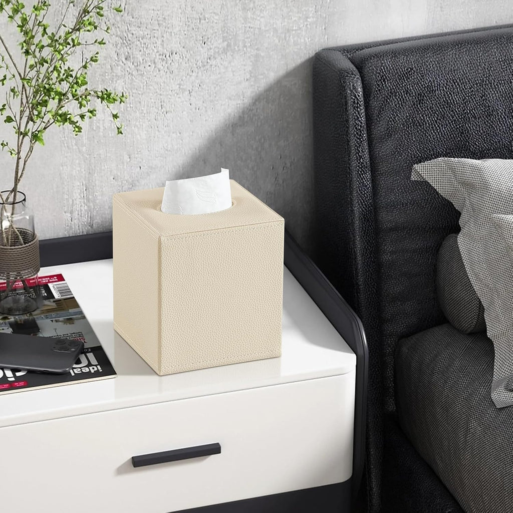 Square Tissue Box Cover with Magnetic Closure Bottom, Beige