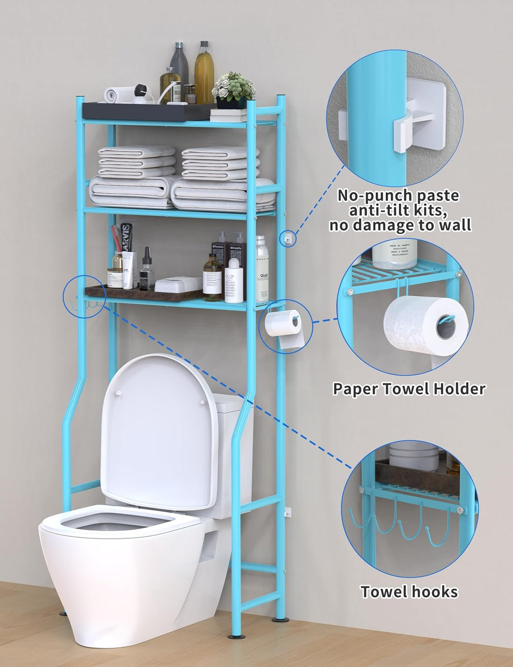 Livilord 3-Tier Over Toilet Storage, Anti-Tip, Blue