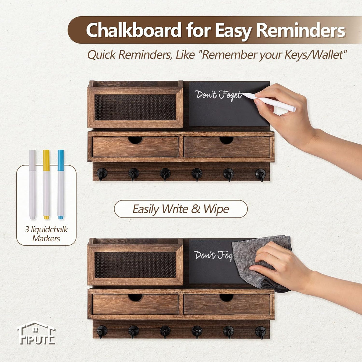 Key Holder for Wall, Key and Mail Holder for Wall with Storage Drawer, Entryway Rustic Home Decor, 3 Liquid Chalks & Chalkboard, 15.98”W x 9.1”H x 3.3”D, Brown