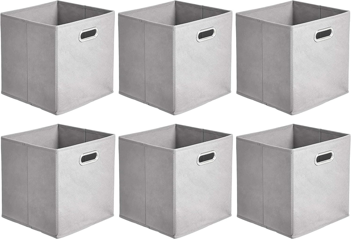 Amazon Basics Collapsible Cube Storage Bins, Space-Saving, Organizing Fabric Bins with Handles, 10.5 x 10.5 x 11 inches, Light Grey, 6-Pack
