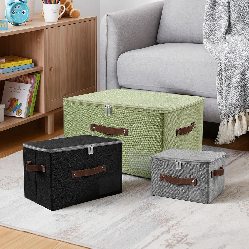 ANMINY Small Storage Box Fabric Bins with Zipper Lid, 10"x8"x7" Black 3PCS