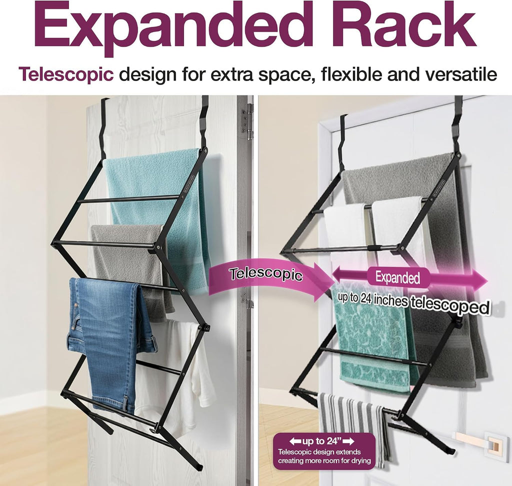 BLACK+DECKER Over The Door Expandable Telescopic Drying Rack, Clothes Organizer, Towel Hanger, Laundry, Collapsible, Black