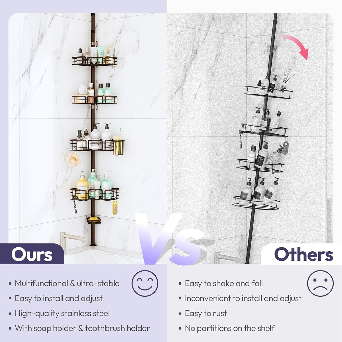 SWTYMIKI Shower Caddy Tension Pole - 4-Tier Corner Shower Organizer Tension Rod with Soap Holder, Toothbrush Holder & 4 Hooks, Adjustable Stainless Steel Bathroom Organizer 27.6 to 108.3 inch, Bronze