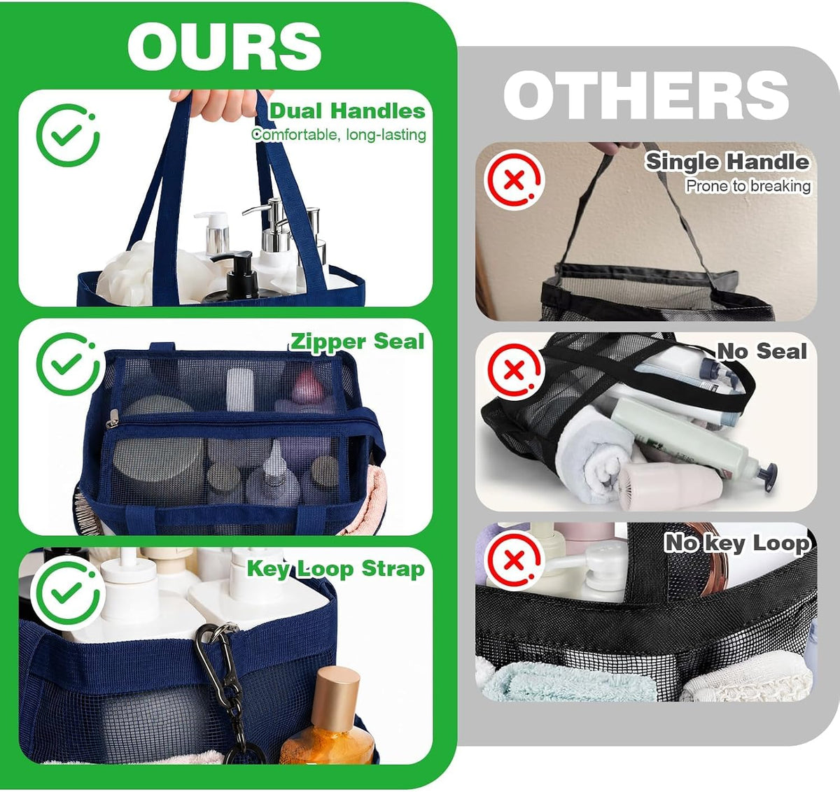 Mesh Shower Caddy Portable with Zipper for College Dorm Essentials Blue