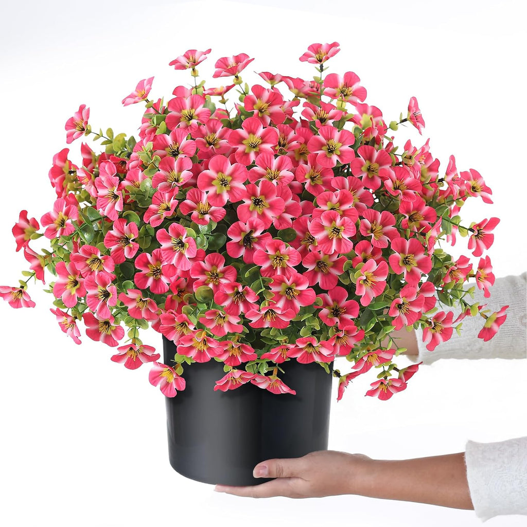 2 Pcs Artificial Flowers & Eucalyptus Topiary Trees for Porch (Rose Red)