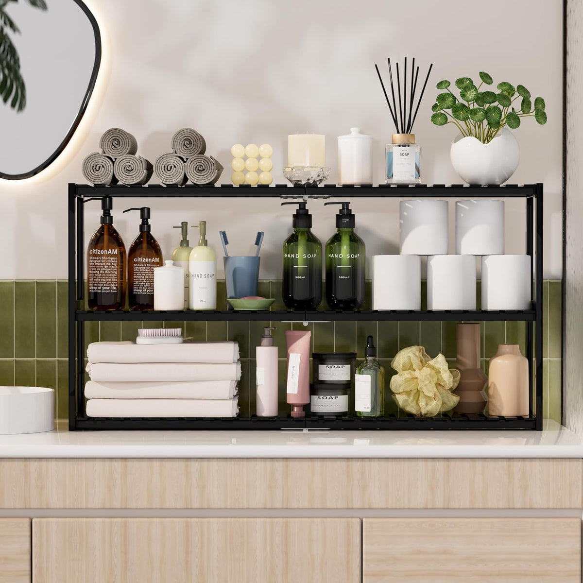 PPN 100% Bamboo Extra Long Towel Rack Bathroom Storage Shelves
