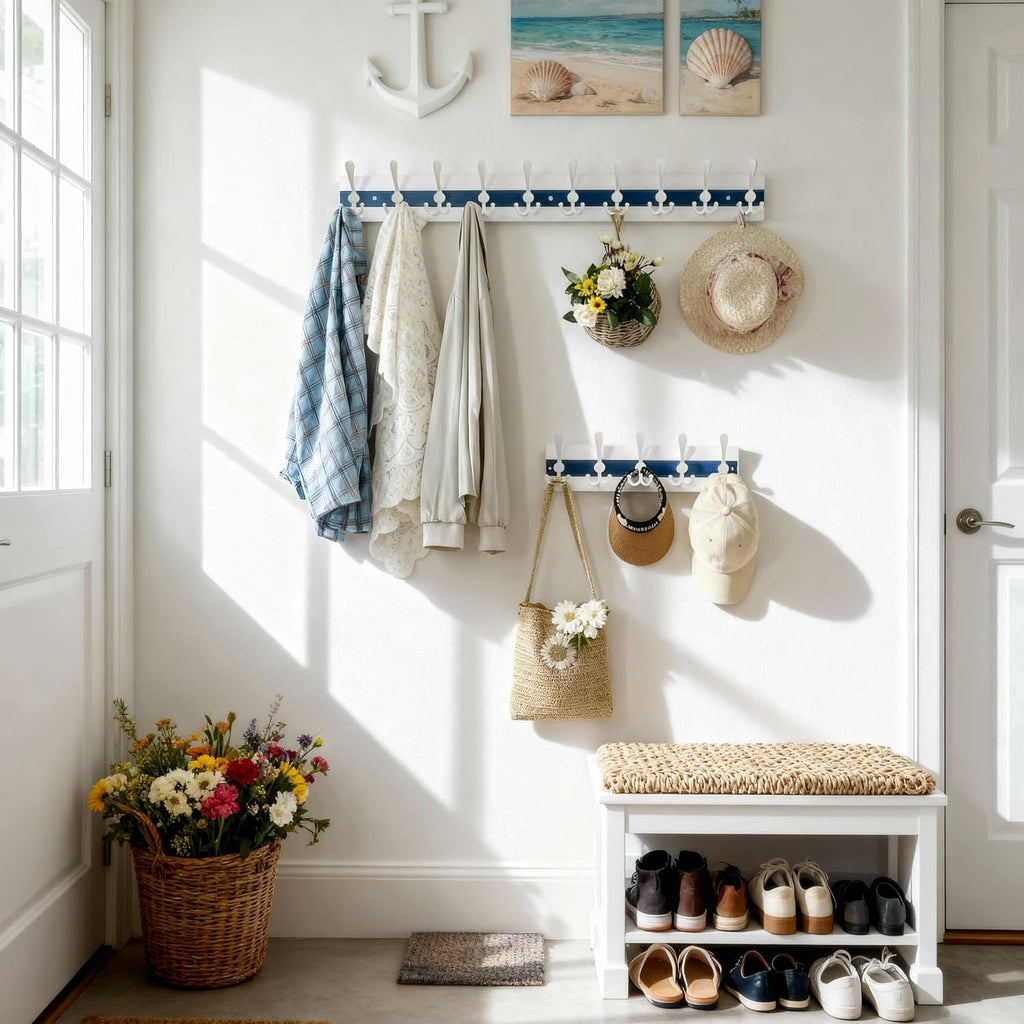 SKOLOO Coastal Wall Mounted Coat Rack - 38-1/8" Beach House Entryway Wooden Coat Hook with 10 Hooks for Hanging Coats, Hats or Towels, Oceanfront Cottage Core Collection, White & Blue