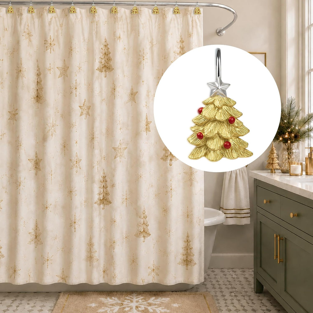 Sunlit Gold Christmas Tree Decorative Shower Curtain Hooks with Star, Shower Curtain Rings, Resin, Xmas Theme Winter Holiday Bathroom Decoration, Set of 12, Golden Tree with Red Balls Ornaments