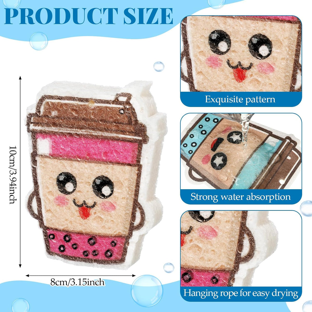 Newtay 8 Pack Cute Kitchen Sponges Dish Set Compressed Non-Scratch Reusable Kitchen Cleaning Household Sponges for Dishes, Pans, Kitchen, Fruit, Plate, Bathroom(Bubble Tea)