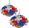 lovemoon 2 Sets Artificial Hanging Pansies Flowers with Baskets, 24 Pcs Faux Patriotic Silk Pansy Outdoor Flower for Porch Patio Garden Home Summer 4th of July Decor (2, RedWhiteBlue)