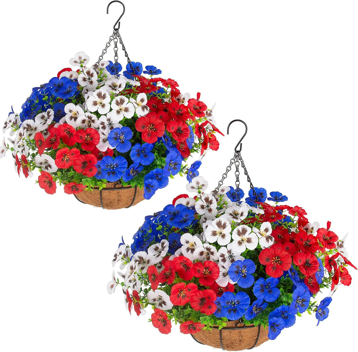 lovemoon 2 Sets Artificial Hanging Pansies Flowers with Baskets, 24 Pcs Faux Patriotic Silk Pansy Outdoor Flower for Porch Patio Garden Home Summer 4th of July Decor (2, RedWhiteBlue)