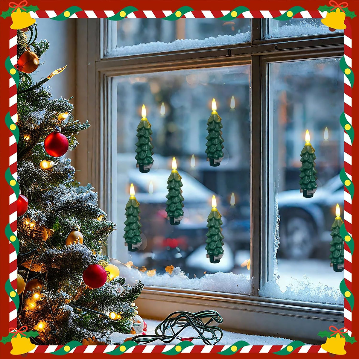 6pcs Tree Shaped Flameless Real Wax Green Taper Candles with Remote and Timer, 0.78" x5" Window LED Flickering Battery Operated for Festival Decor (Suction Cups Included)