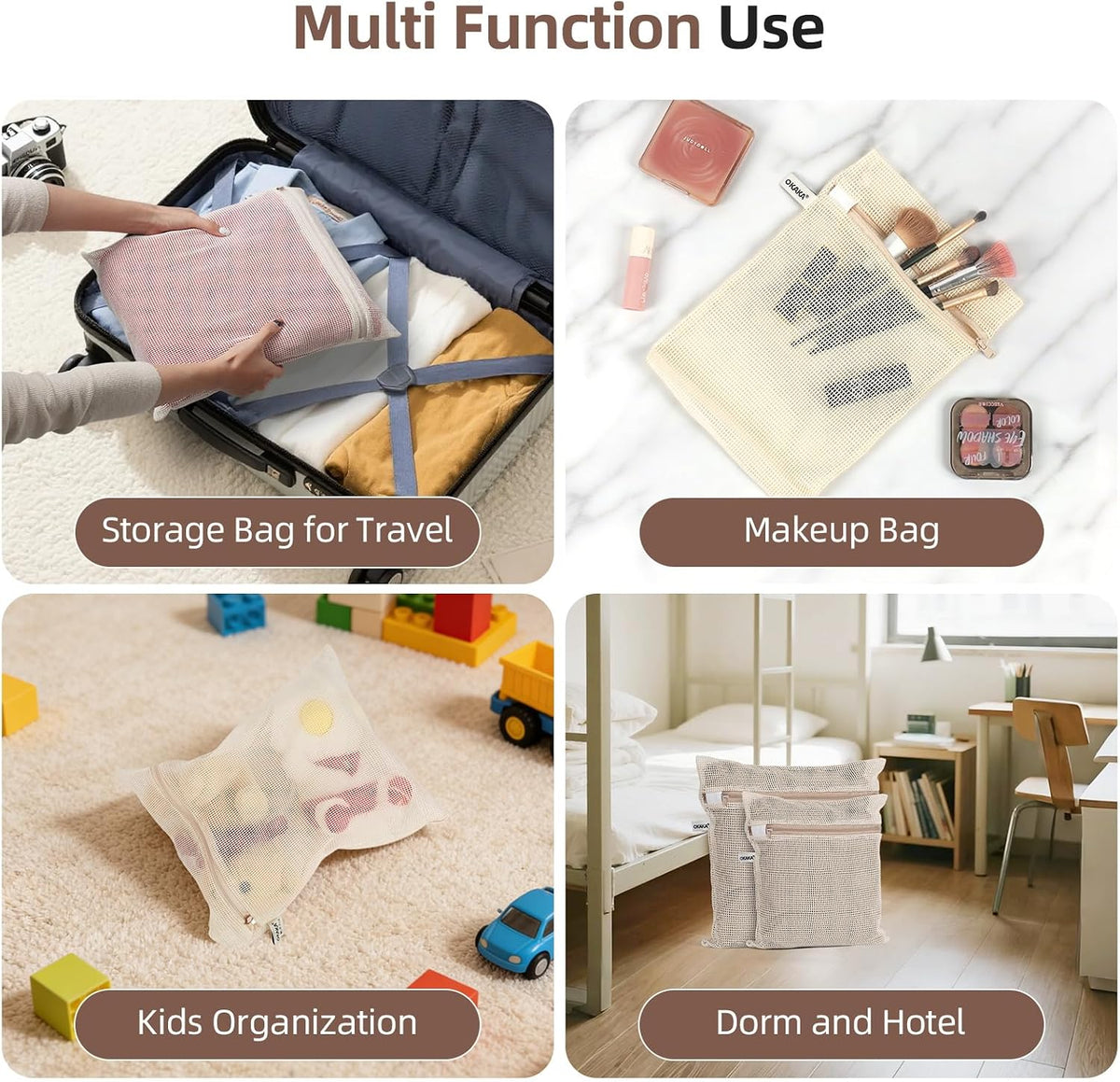 100% Cotton Mesh Laundry Bags, Premium Soft, No Dye, 4 Pcs, Natural