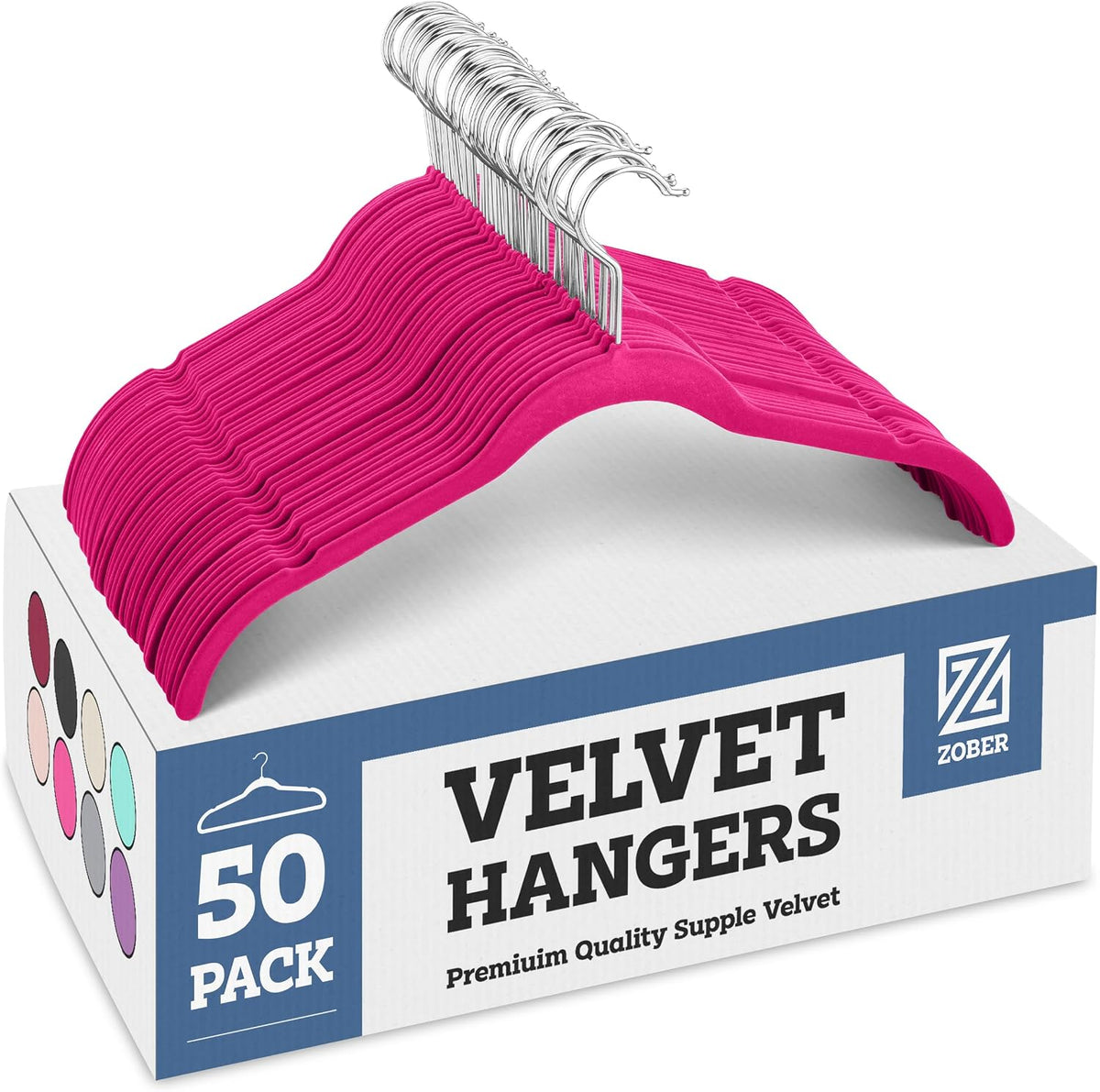 ZOBER Premium Velvet (50 Pack) Non Slip Ultra Slim Clothes Hangers for Tops, Dress Shirts, Blouses, Strappy Dresses, Delicates - Gain 50% Closet Space, 360° Swivel Hook