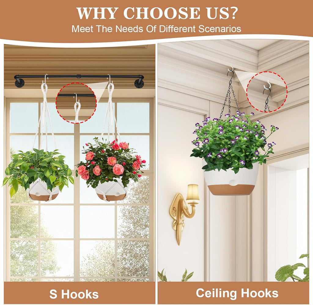 3 Pack Hanging Pot for Indoor Plants, 10inch Self-Watering Hanging Planter, Macrame Plant Hanger with Pot, Metal Chain, S & Ceiling Hooks, Removable Saucer and Drainage Holes for Garden Home - White
