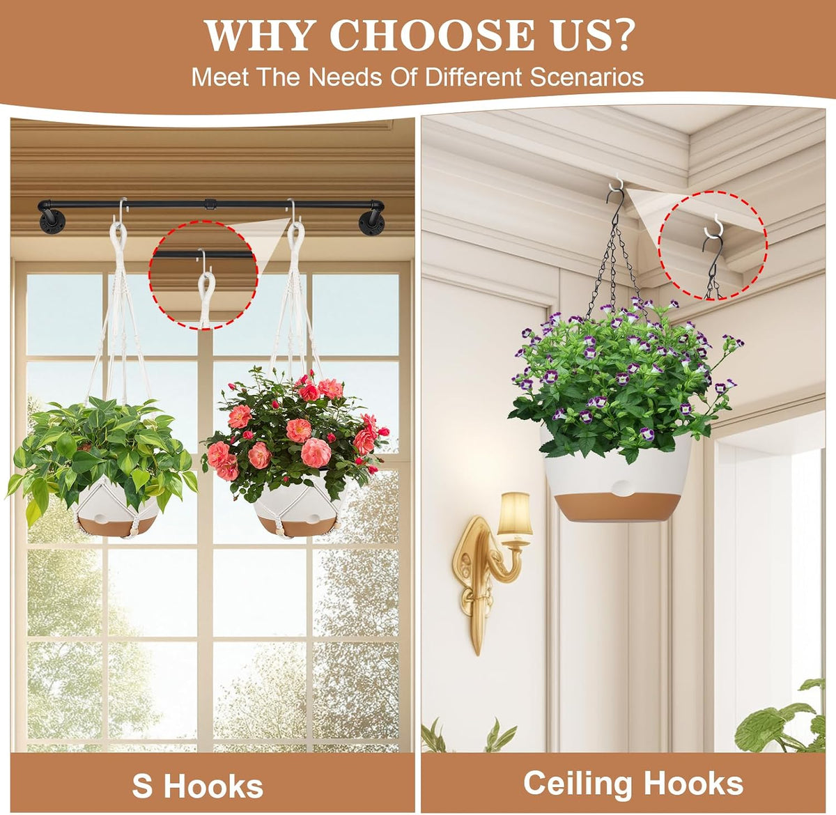 3 Pack Hanging Pot for Indoor Plants, 10inch Self-Watering Hanging Planter, Macrame Plant Hanger with Pot, Metal Chain, S & Ceiling Hooks, Removable Saucer and Drainage Holes for Garden Home - White