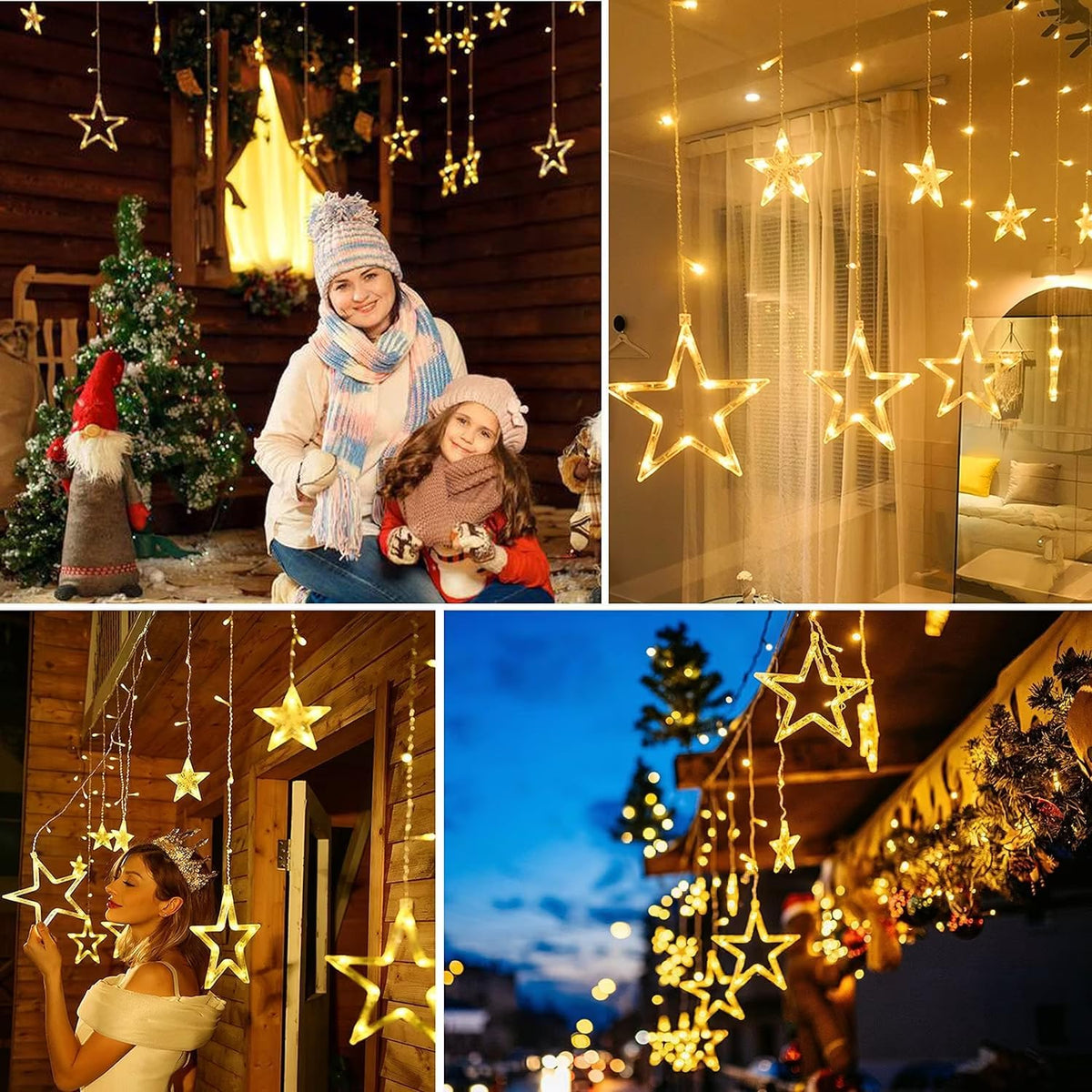 12 Stars 138 LED Star Curtain Lights Plug in, 8 Modes Lights for Bedroom