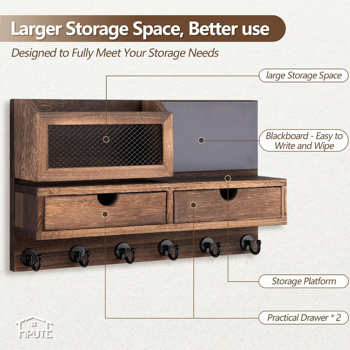 Key Holder for Wall, Key and Mail Holder for Wall with Storage Drawer, Entryway Rustic Home Decor, 3 Liquid Chalks & Chalkboard, 15.98”W x 9.1”H x 3.3”D, Brown
