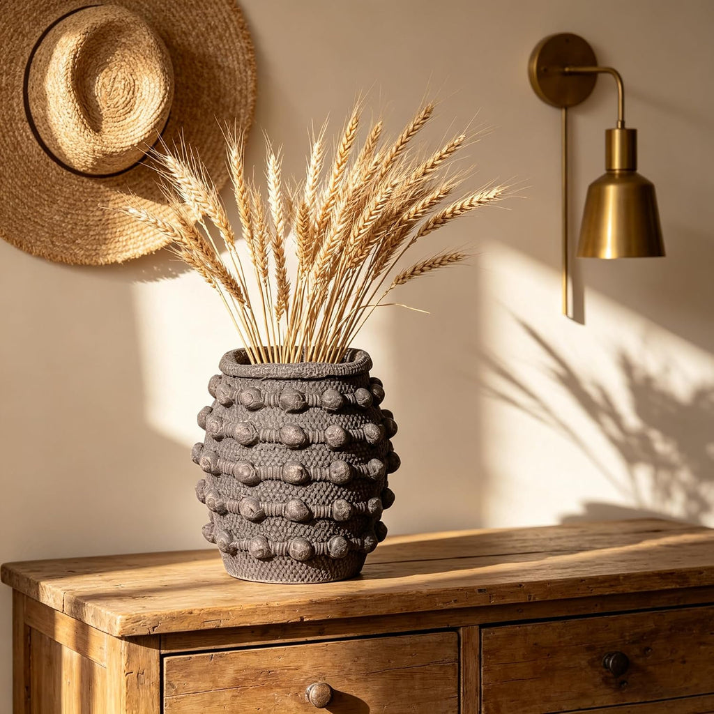 Rustic Farmhouse Vase, Boho Brown Vases for Pampas Grass Small Textured Knotted Vase for Flowers Decorative Cement Floral Vases for Home Decor, Living Room, Dining Table
