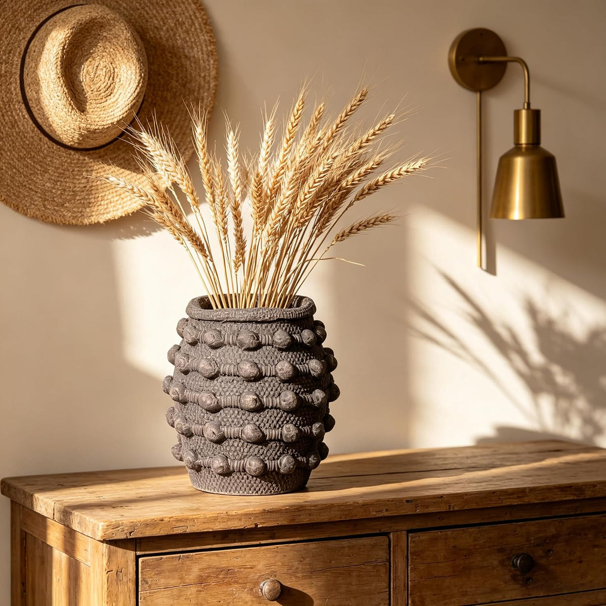 Rustic Farmhouse Vase, Boho Brown Vases for Pampas Grass Small Textured Knotted Vase for Flowers Decorative Cement Floral Vases for Home Decor, Living Room, Dining Table