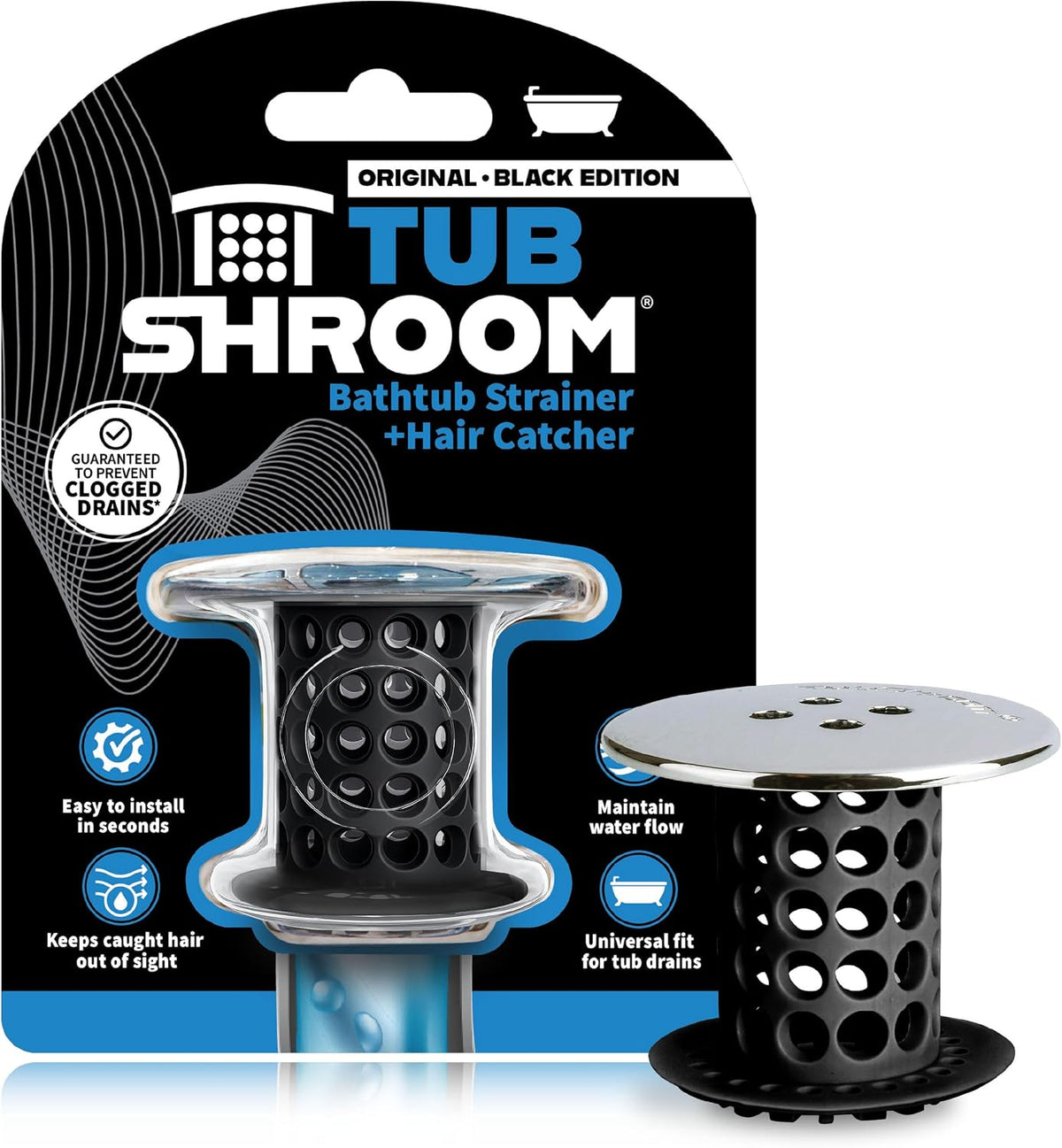 TubShroom Tub Drain Hair Catcher, Black Chrome – Protector and Catcher for Bathroom Drains, Fits 1.5” 1.75” Bathtub Shower Drains