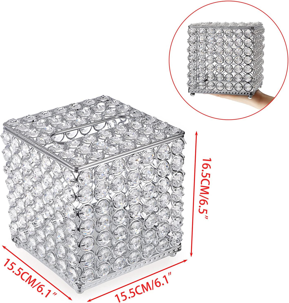 Sumnacon Crystal Square Tissue Box Cover - Decorative Tissue Box Holder, Sparkling Cube Tissue Holder for Bathroom Dresser Night Stand Table Car Store Office Home Decor, Silver